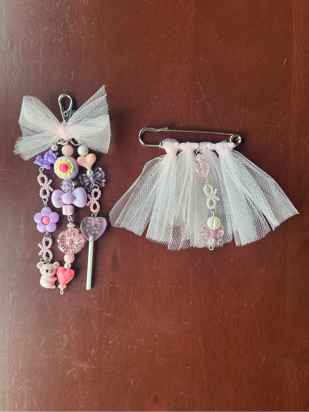Kawaii Pink Tulle Charm Keychain and Pin Brooch Coquette Bag Charm Set
